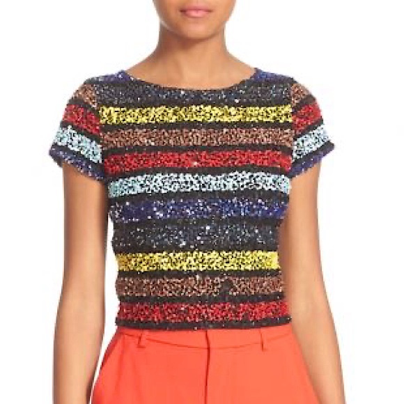 Alice & Olivia Kelli Sequin Striped Cropped Top - Picture 5 of 15